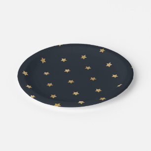 Golden Stars on Midnight Black Paper Plate
