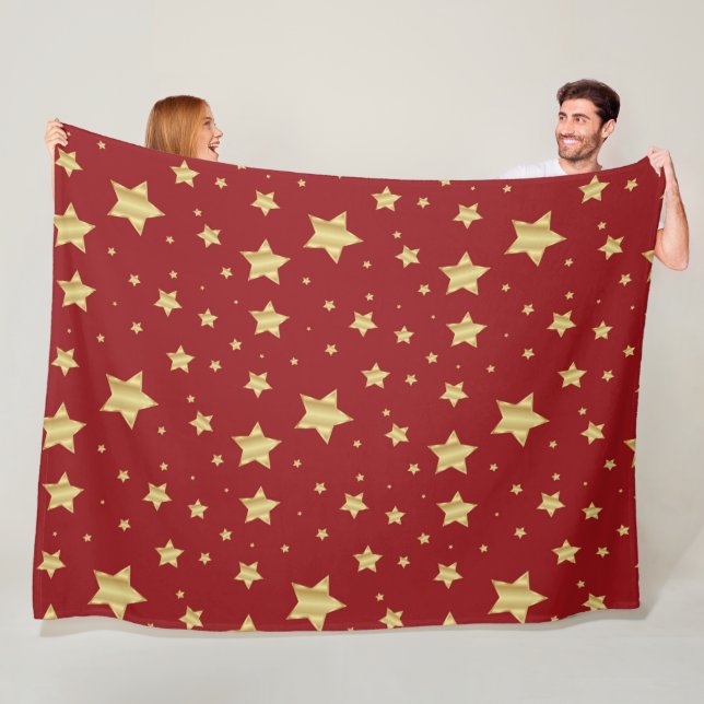 Golden Stars on Red Background Fleece Blanket (In Situ)