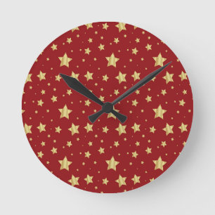 Golden Stars on Red Background Round Clock