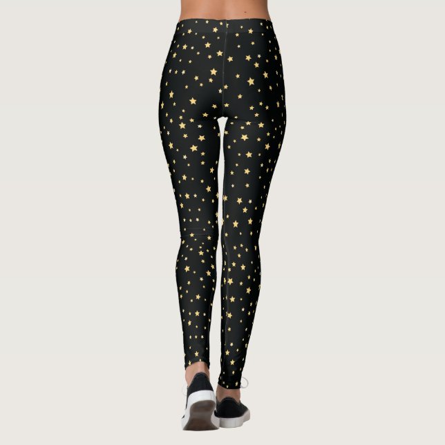 Golden Stars Pattern on Black Leggings (Back)