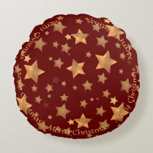 Golden Stars Rain Dark Red Elegant   Round Cushion