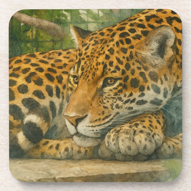 Golden Stillness – Resting Leopard in Foliage Coaster (Front)