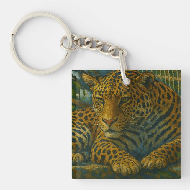Golden Stillness – Resting Leopard in Foliage Key Ring (Front)