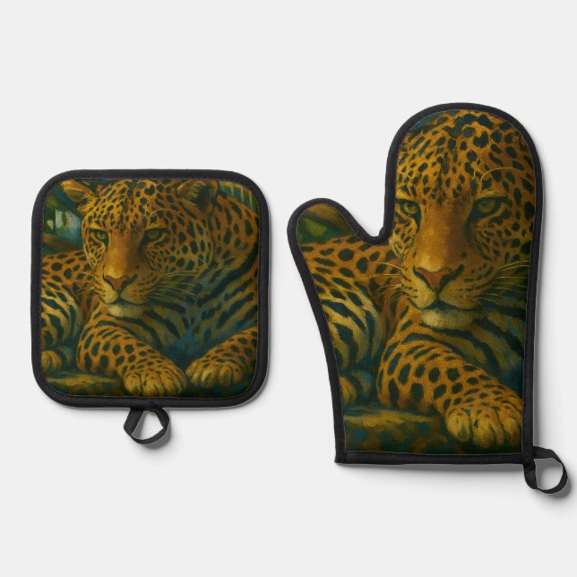 Golden Stillness – Resting Leopard in Foliage Oven Mitt & Pot Holder Set (Front)