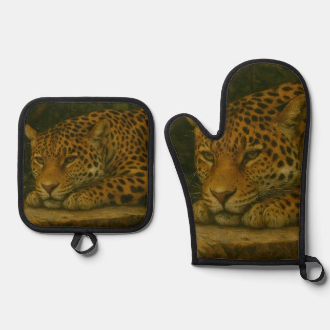 Golden Stillness – Resting Leopard in Foliage Oven Mitt & Pot Holder Set (Front)