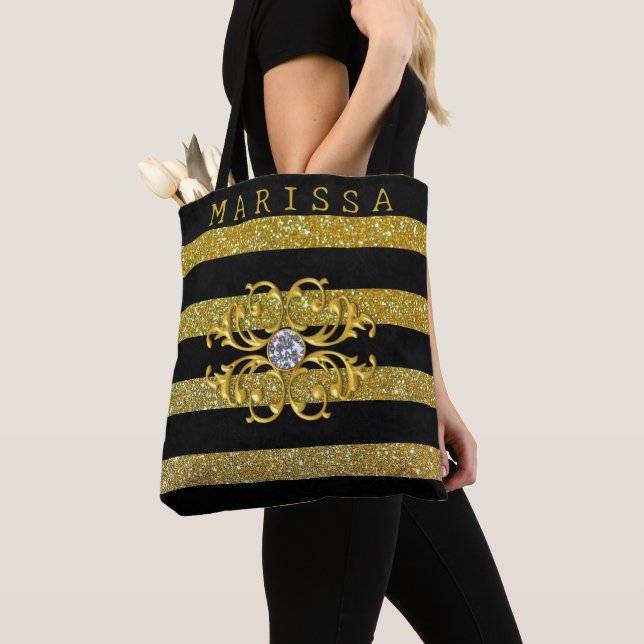 golden stipes Bridesmaid Personalised  Tote Bag (Close Up)