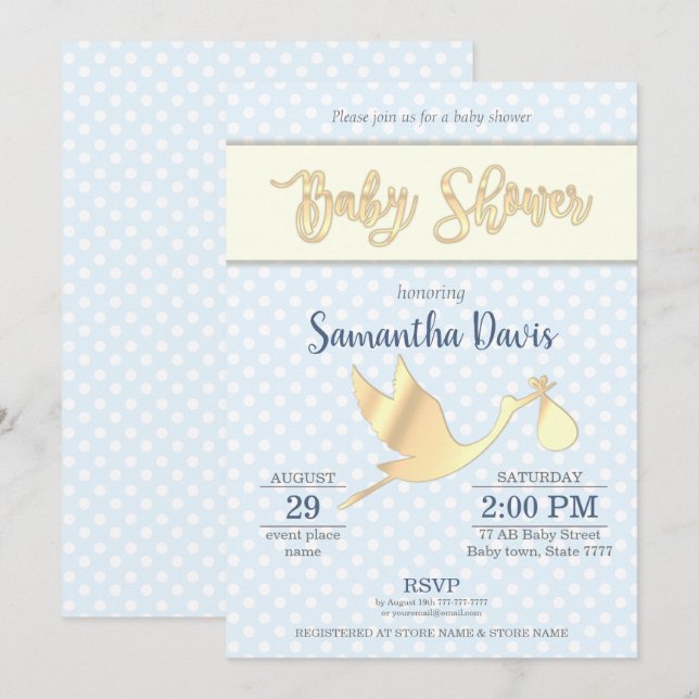 Golden Stork Baby Boy Baby Shower Invitation (Front/Back)