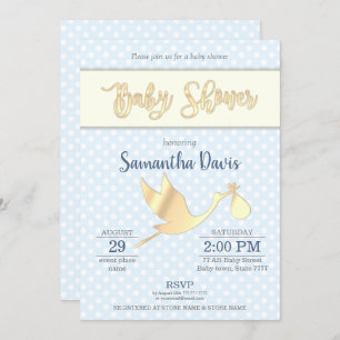 Golden Stork Baby Boy Baby Shower Invitation