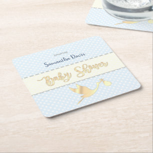 Golden Stork Baby Boy Baby Shower Square Paper Coaster