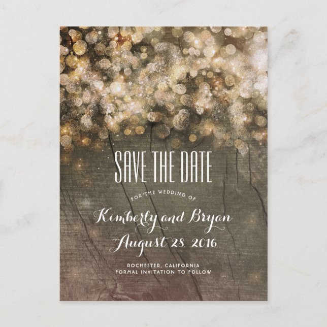 Golden String Lights Rustic Wood Save the Date Announcement Postcard (Front)