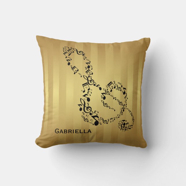 Golden Stripes Black Treble Clef Music Notes Cushion (Front)