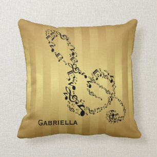 Golden Stripes Black Treble Clef Music Notes Cushion