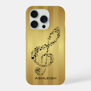 Golden Stripes Black Treble Clef Music Notes iPhone 15 Pro Case