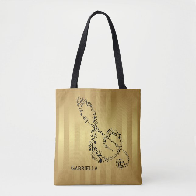 Golden Stripes Black Treble Clef Music Notes Tote Bag (Front)