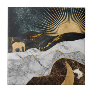 Golden Sun and Moon with Elephant in Marble Cosmic Tile