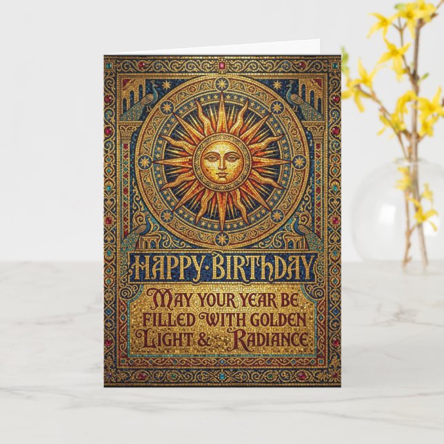 Golden Sun Celestial Boho Happy Birthday Card (Yellow Flower)