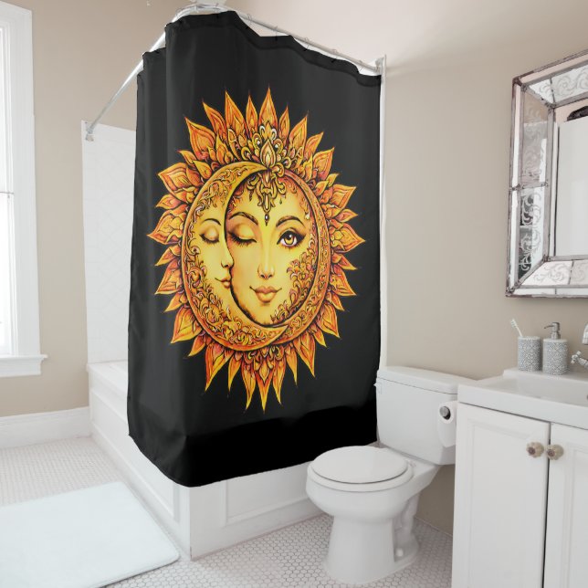 Golden Sun Moon Boho Goddess | Celestial Mandala Shower Curtain (In Situ)