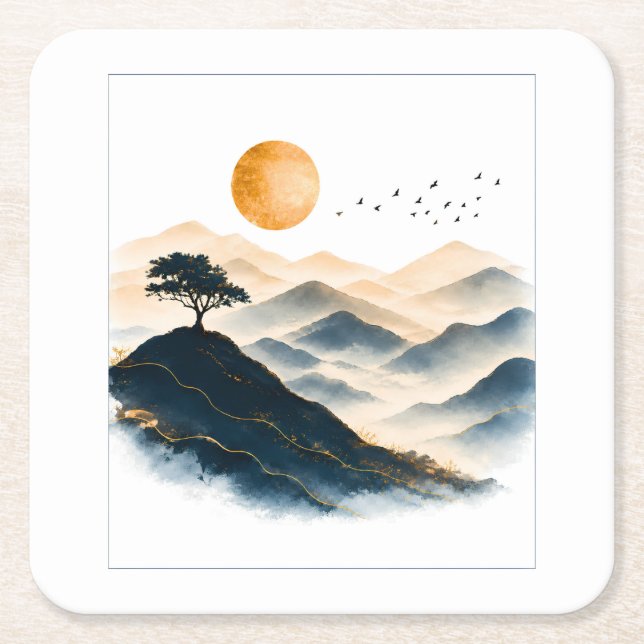 Golden Sun Mountain Landscape  Square Paper Coaster (Front)