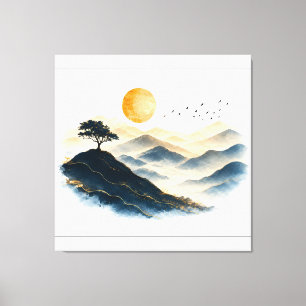 Golden Sun Mountain Landscape Stretched Canvas Wal Print