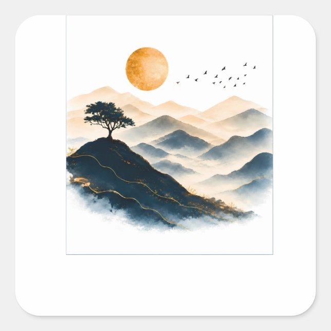 Golden Sun Mountains Landscape   Square Sticker (Front)