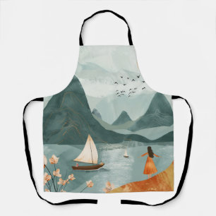 Golden Sun Teal Lake Romantic Mountain Escape Apron