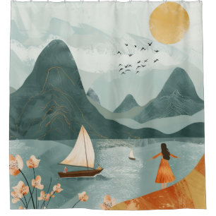 Golden Sun Teal Lake Romantic Mountain Escape Shower Curtain
