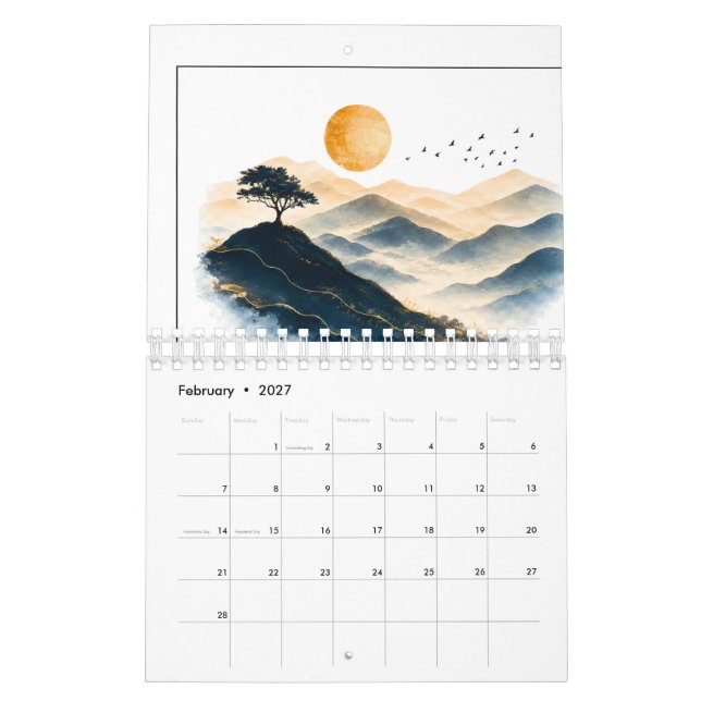 Golden Sun With Mountain Landscape Calendar (Feb 2027)