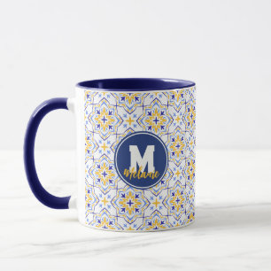Golden Sunburst  Elegant Blue and Gold Floral  Mug