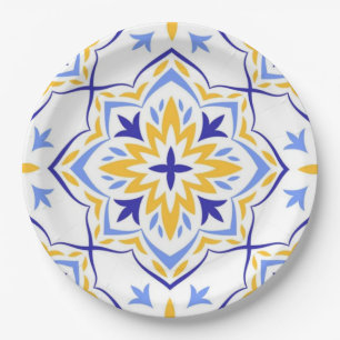 Golden Sunburst Elegant Blue and Gold Floral Paper Plate
