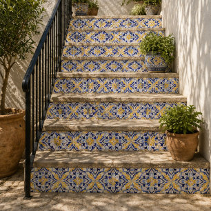 Golden Sunburst  Elegant Blue and Gold Floral  Tile