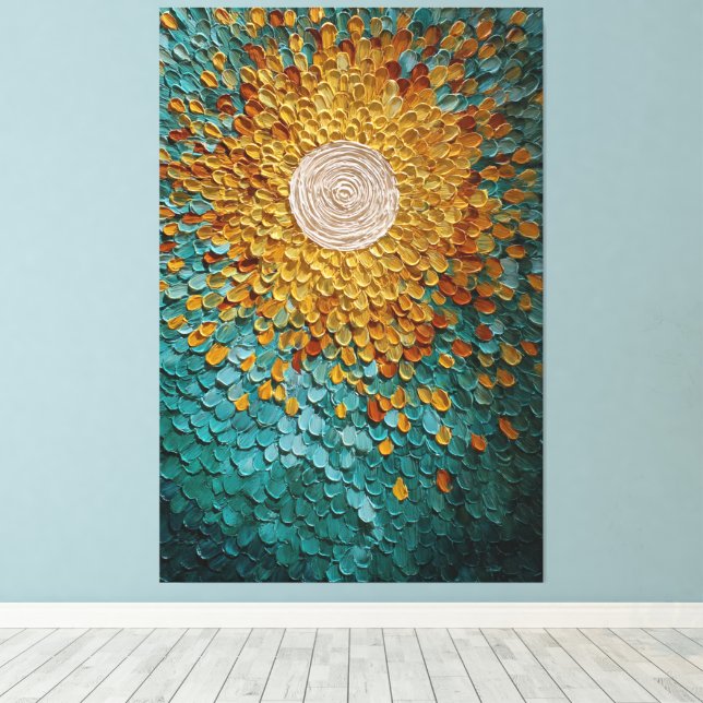Golden Sunburst with Teal Petals Abstract Wall Art (Insitu(Wood Floor))
