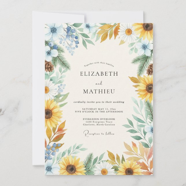 Golden Sunflower Azure Eucalyptus Wedding Invitation (Front)