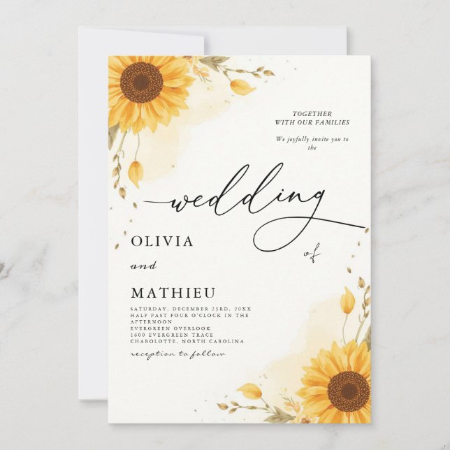 Golden Sunflower Botanical Romance Wedding Invitation (Front)