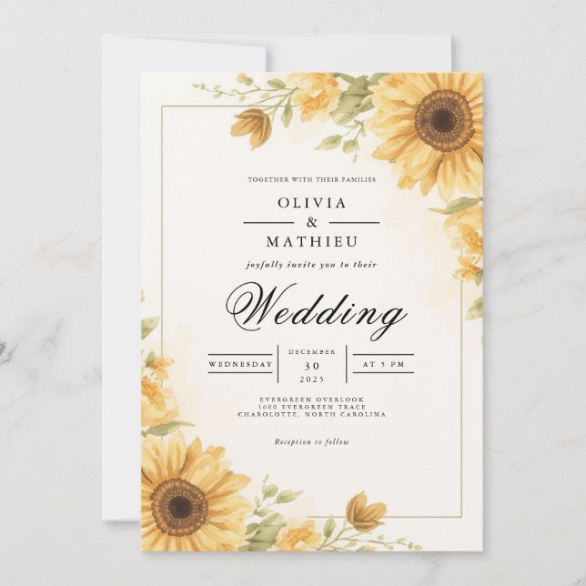 Golden Sunflower Botanical Wedding Invitation (Front)