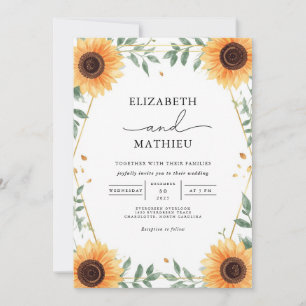 Golden Sunflower Bouquet Border Wedding Invitation