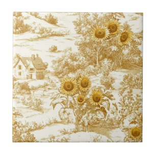 Golden Sunflower Cottage Toile Countryside Pattern Tile