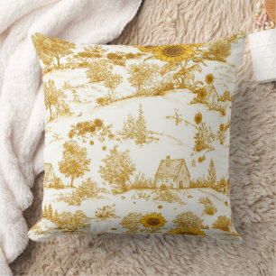 Golden Sunflower Cottagecore Countryside Toile Cushion