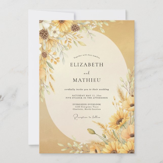 Golden Sunflower Eucalyptus Wedding Invitation (Front)