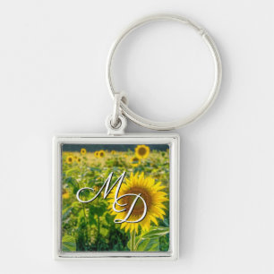 Golden Sunflower Field Monogram Square Keychain