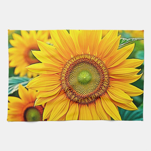 Golden Sunflower Field Serenity Design Tea Towel (Horizontal)