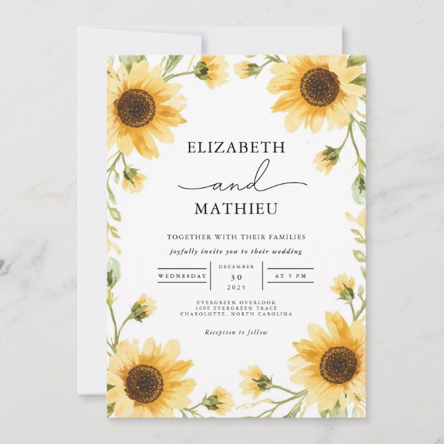 Golden Sunflower Meadow Border Wedding Invitation (Front)