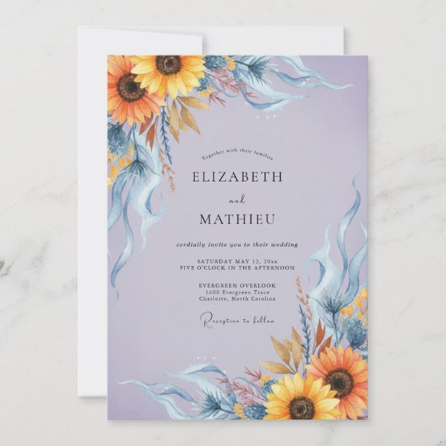 Golden Sunflower Periwinkle Eucalyptus Wedding Invitation (Front)