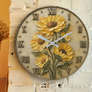 Golden Sunflower Rustic Botanical Farmhouse Decor Large Clock