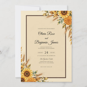 Golden Sunflower Rustic Muted Eucalyptus Wedding Invitation