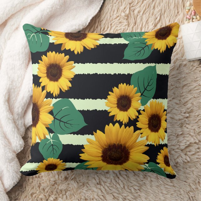 Golden Sunflowers and Jagged Navy Stripes Graphic Cushion (Blanket)