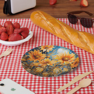 Golden Sunflowers Bloom Watercolor Paper Plate