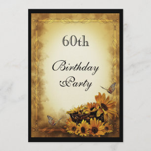 Golden Sunflowers & butterflies 60th Birthday Invitation