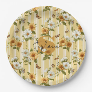 Golden Sunflowers & Butterflies Garden Stripe Paper Plate