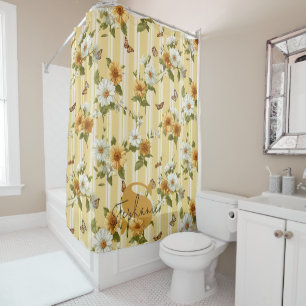 Golden Sunflowers & Butterflies Garden Stripe Shower Curtain
