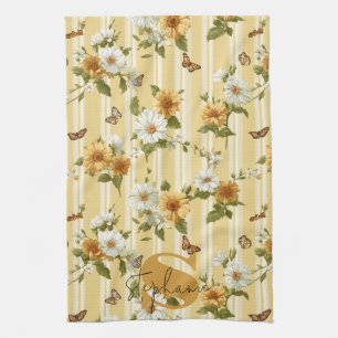 Golden Sunflowers & Butterflies Garden Stripe Tea Towel